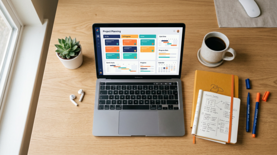 Calendario editorial de contenido sobre escritorio moderno con laptop y cuaderno de planeación