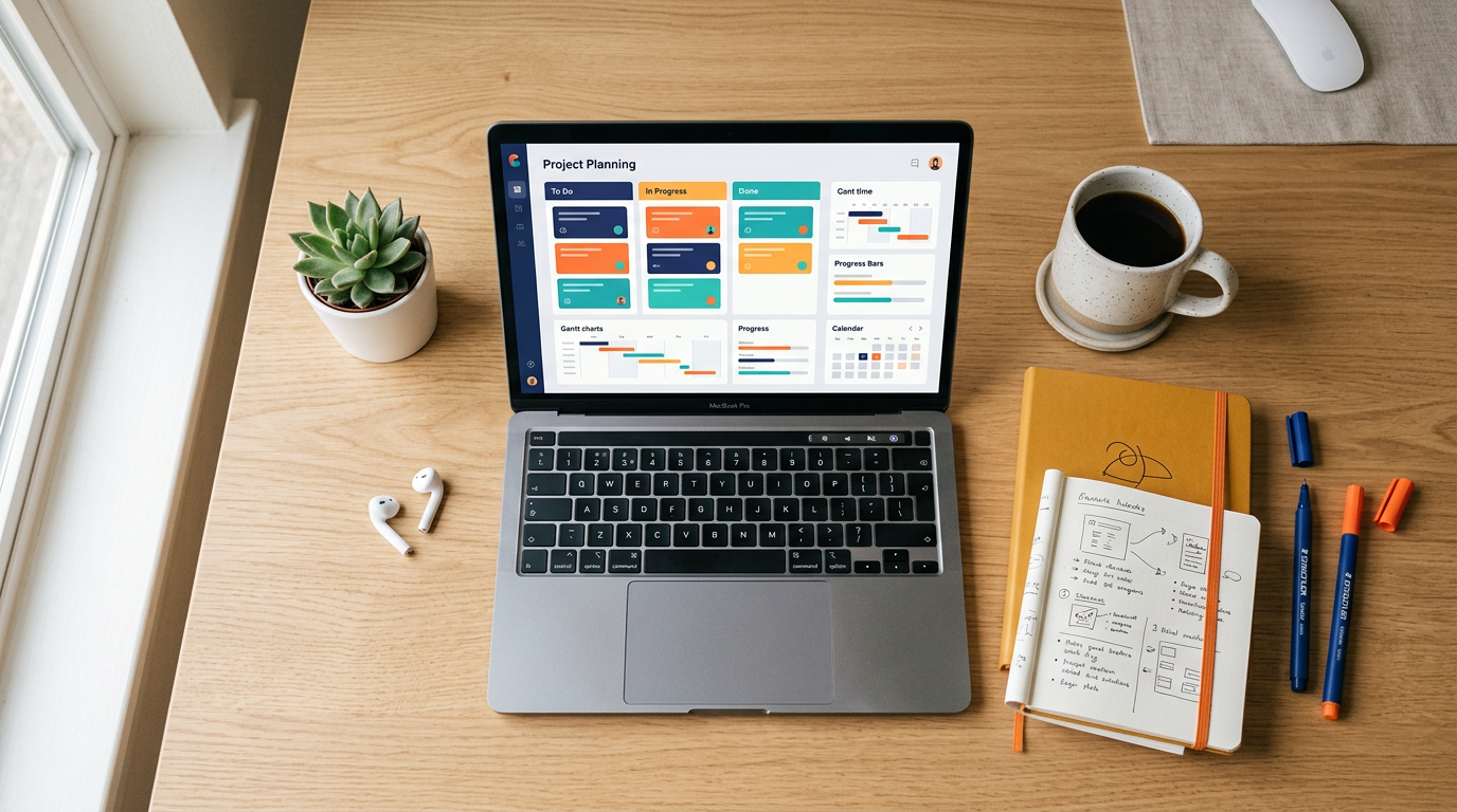 Calendario editorial de contenido sobre escritorio moderno con laptop y cuaderno de planeación