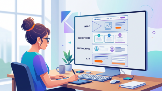 Diseñadora revisando la estructura de landing pages que convierten en pantalla