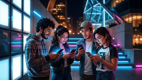 Jóvenes mexicanos con smartphones representando el marketing generación Z México 2026 y nuevos hábitos de compra digital