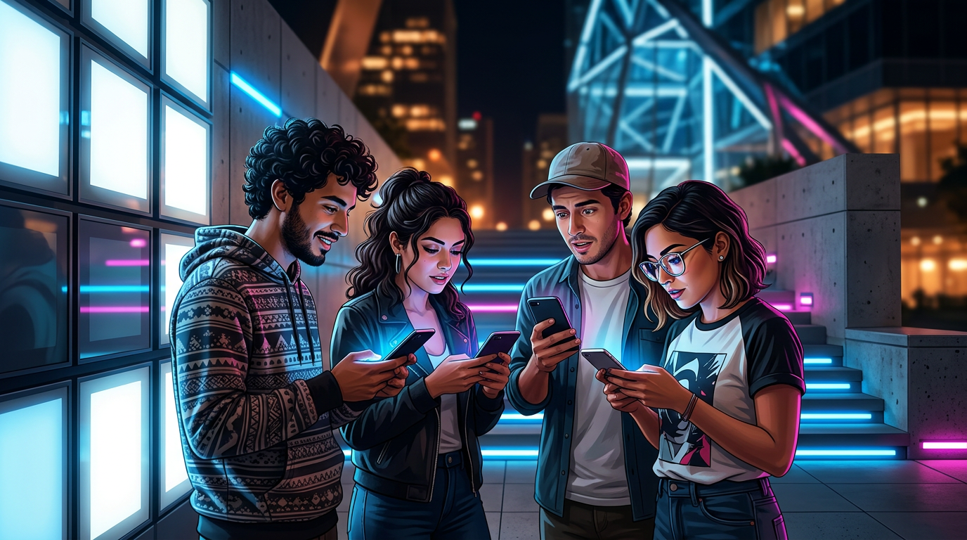Jóvenes mexicanos con smartphones representando el marketing generación Z México 2026 y nuevos hábitos de compra digital