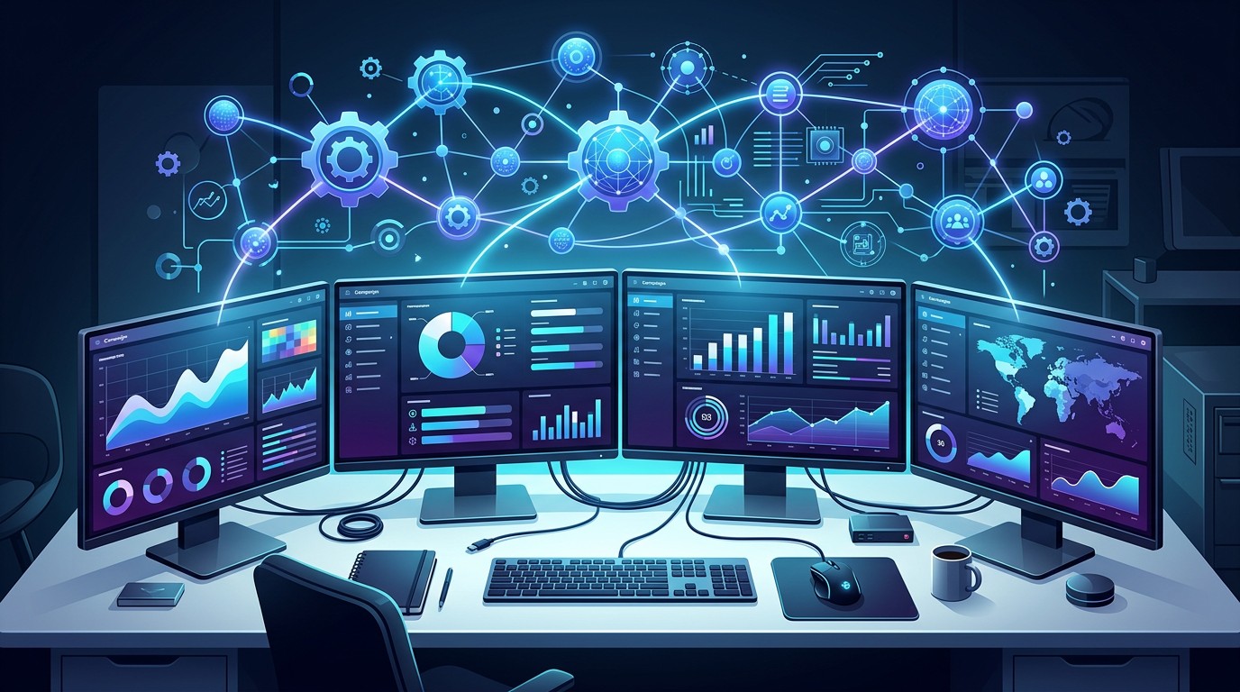 IA agéntica publicidad digital gestionando campañas de forma autónoma con dashboards y redes de agentes