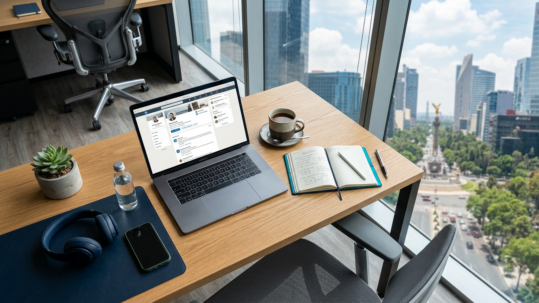 Estrategia LinkedIn empresas México: laptop con dashboard de LinkedIn en escritorio ejecutivo de oficina moderna