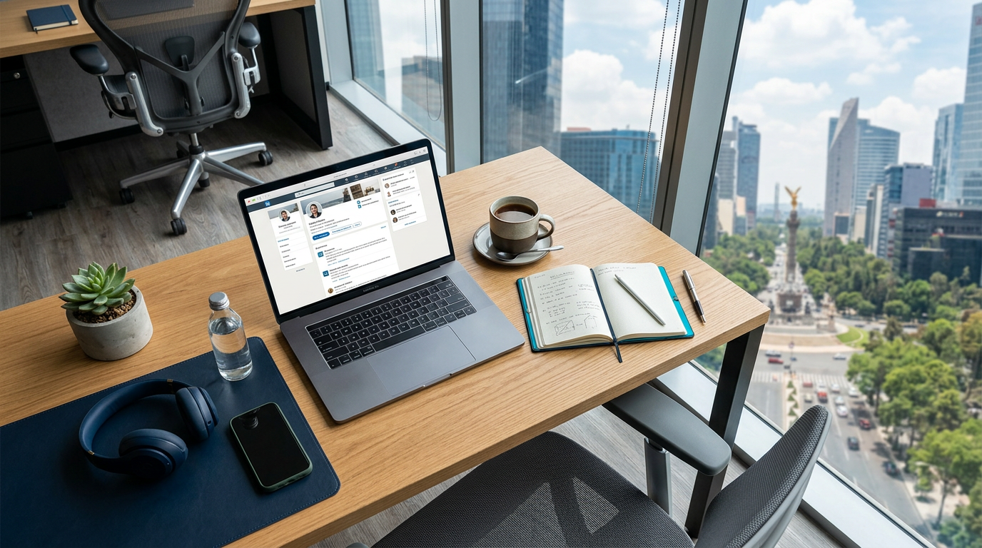 Estrategia LinkedIn empresas México: laptop con dashboard de LinkedIn en escritorio ejecutivo de oficina moderna