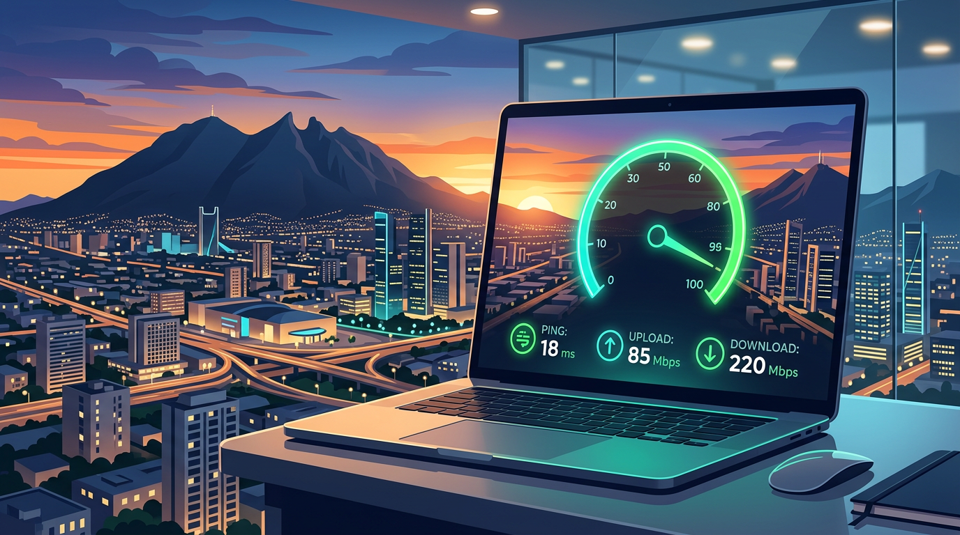 Velocidad sitio web ventas Monterrey: negocio digital con skyline de la ciudad al fondo