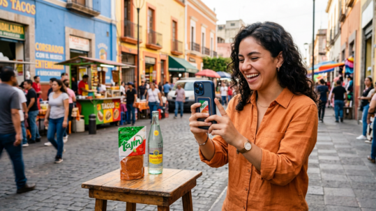 UGC marketing México persona creando contenido auténtico con smartphone en entorno urbano