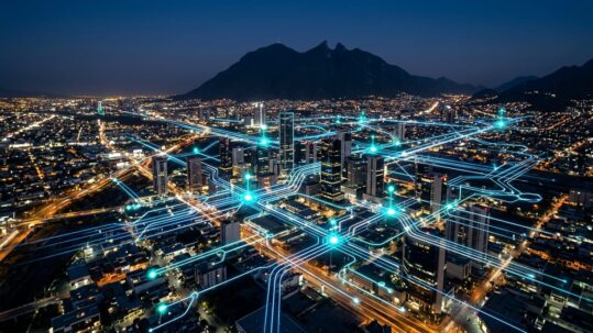 publicidad programática México skyline Monterrey con redes de datos digitales y conexiones automatizadas