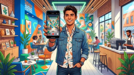 emprendedor usando YouTube Shorts para negocios en México grabando video vertical en local comercial