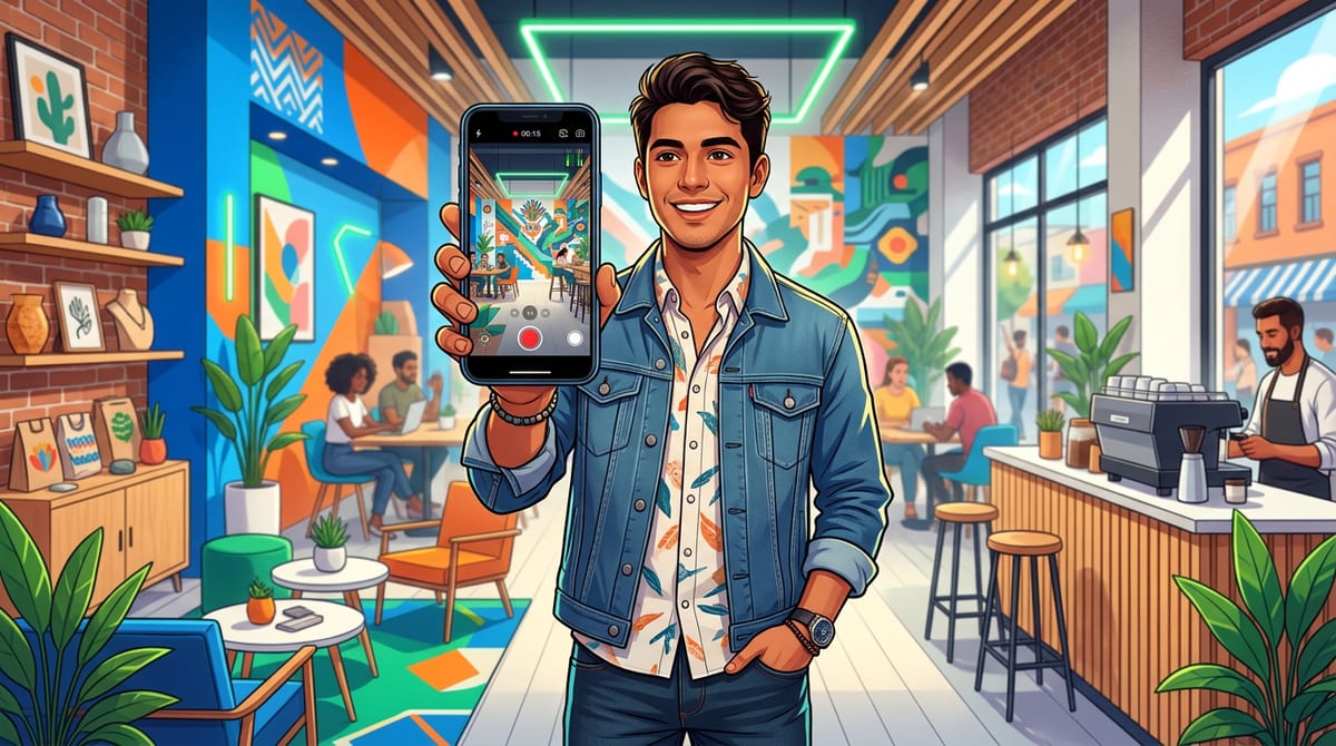 emprendedor usando YouTube Shorts para negocios en México grabando video vertical en local comercial